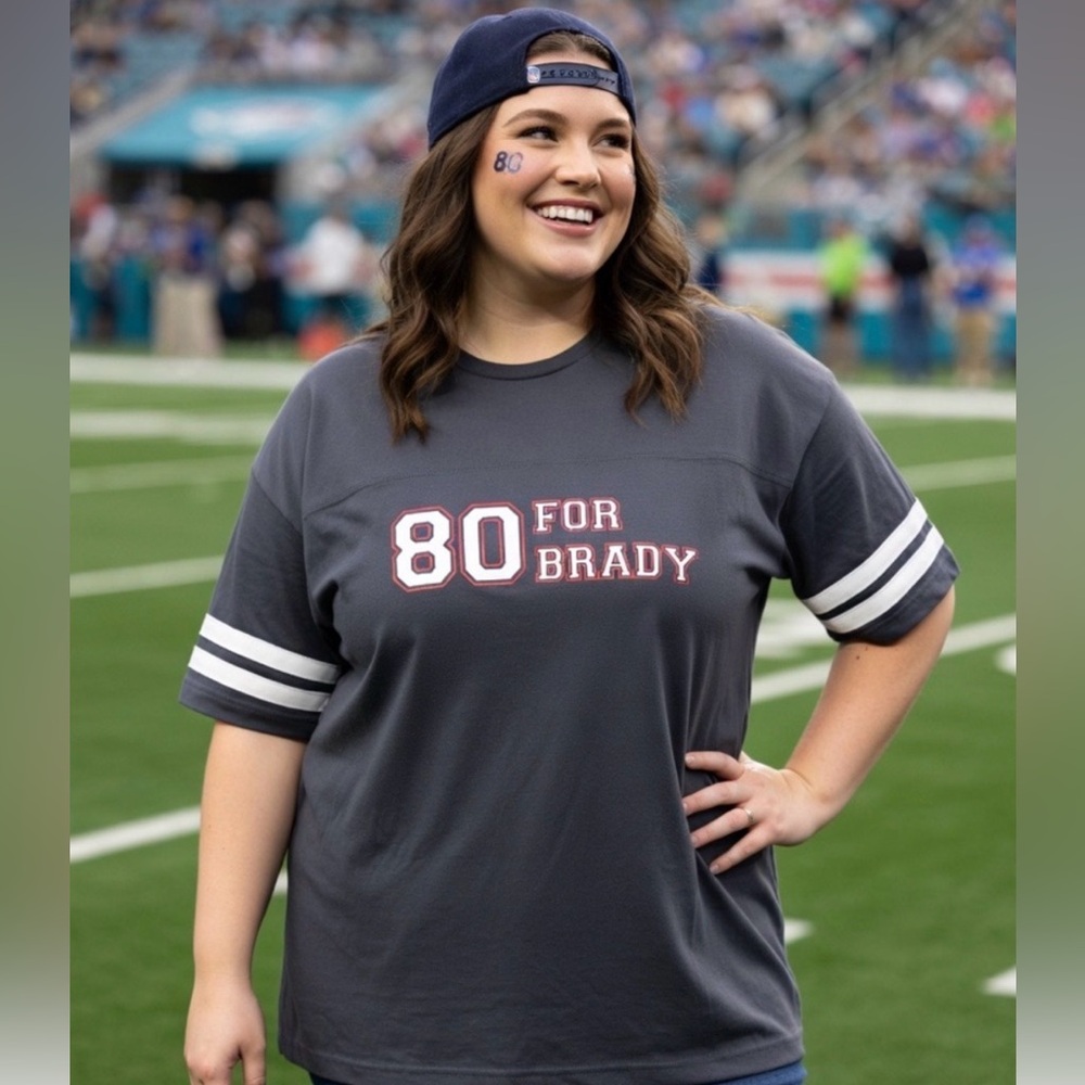 Gray t-shirt with '80 For Brady’ Graphic